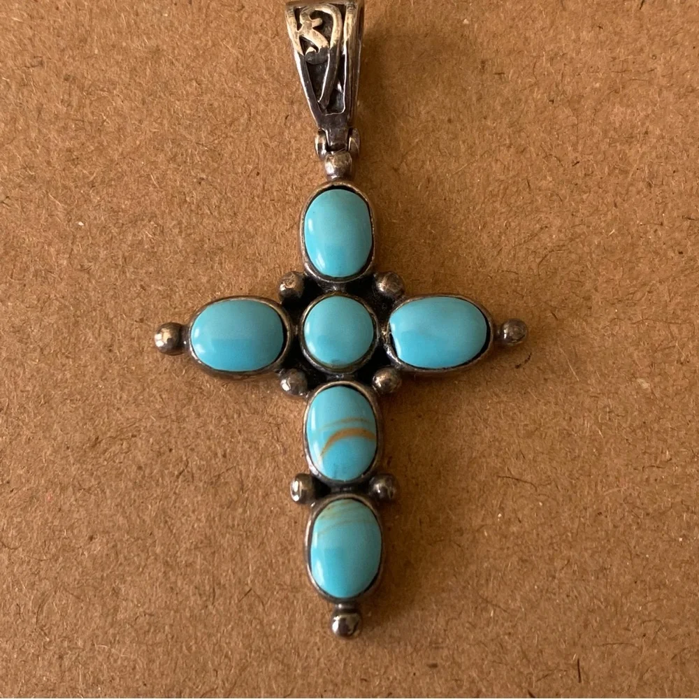 Sterling Silver Turquoise Cross Pendant Vintage Southwest Boho Artist Signed - Picture 2 of 12